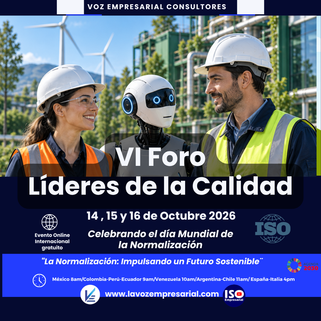 VI Foro Líderes de la Calidad con profesionales y robot en ambiente industrial sostenible